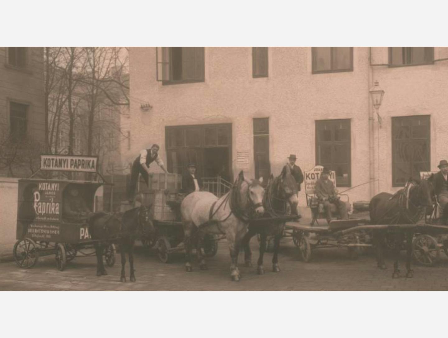 Fekete-fehér fénykép: Paprikát szállító lovaskocsi 1881-ben