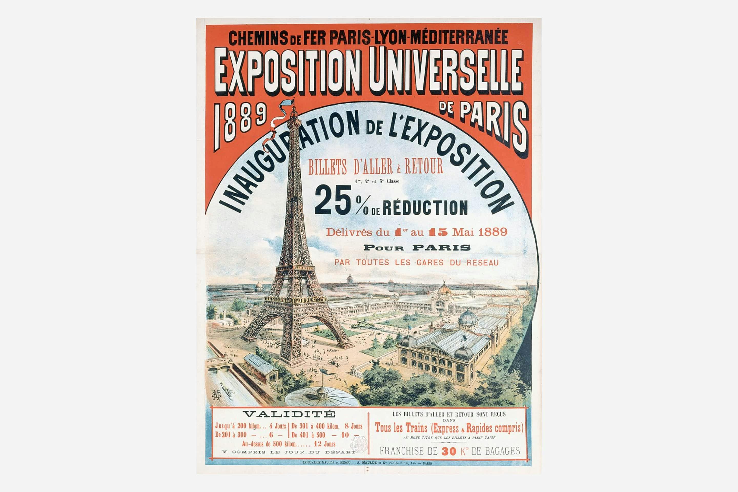 Az 1889-es párizsi világkiállítás plakátja az Eiffel-tornyot ábrázoló rajzzal.