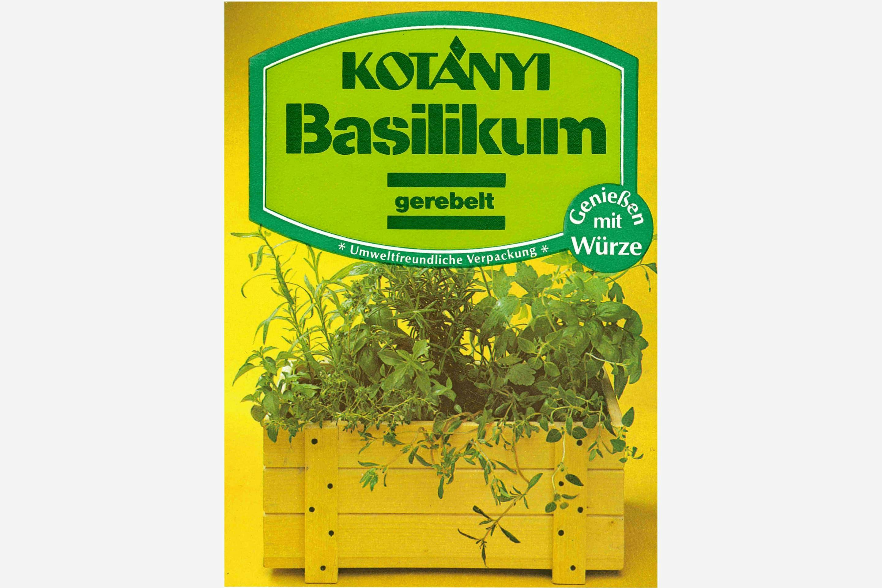 Kotányi környezetbarát bazsalikomos tasak az 1980-as évekből.